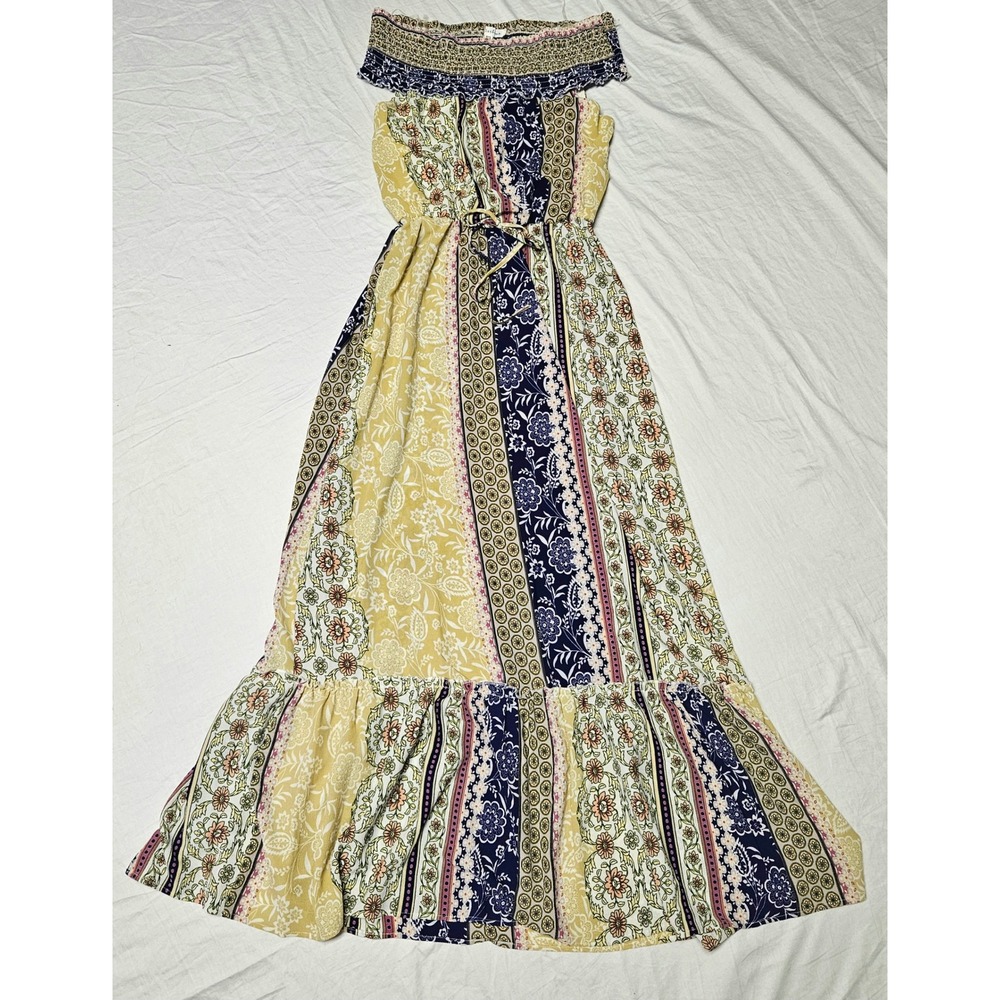 Bailey Blue Maxi Dress Womens S Yellow Navy Patchwork Floral Off Shoulder Boho